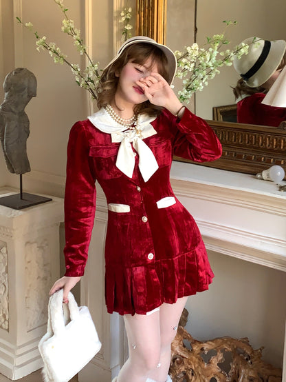 Picnic Girl Winter Holiday Christmas Red Velvet Dress