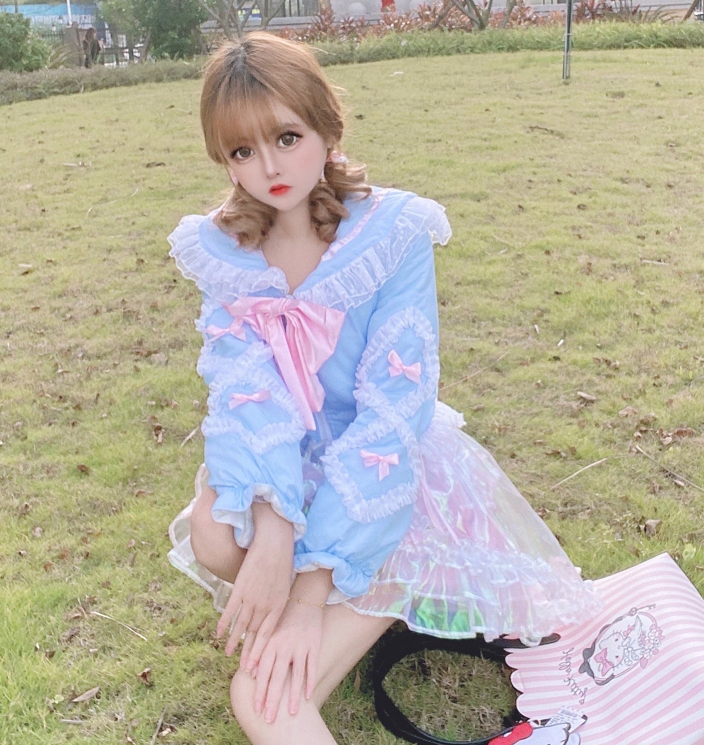 Candy Fairy Sailor Collar Ruffled Blue Pink Black Bow Winter Jacket