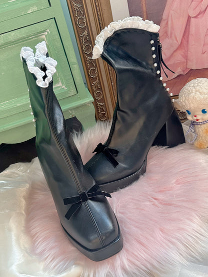 Pinky Victorian Style EGL Black White Bow Lace High Heels Boots Shoes