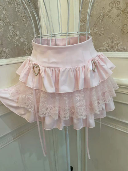 Sweetheart Princess Pink Lace Heart Mini Ruffle Skirt