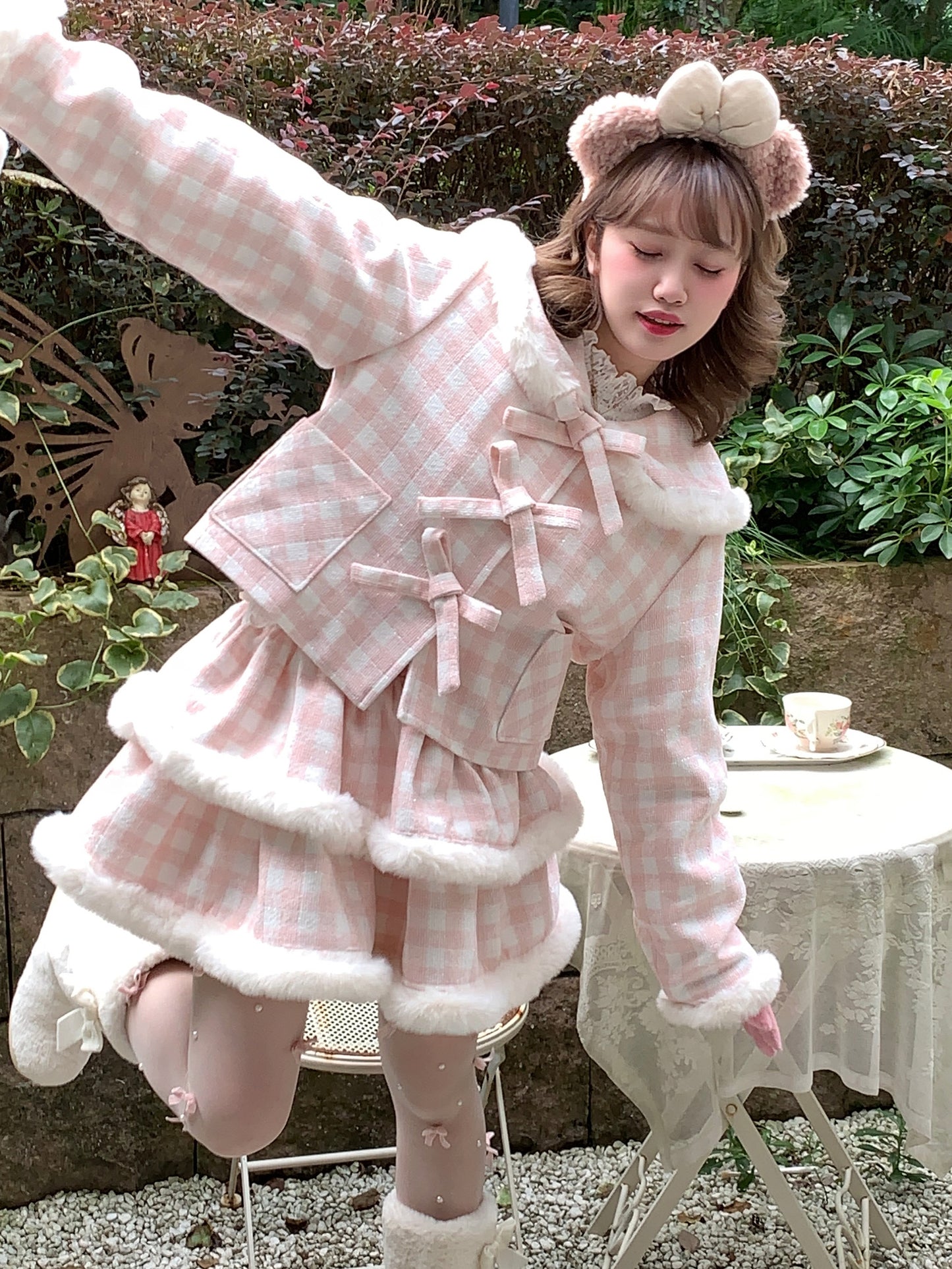 Picnic Girl Winter Plaid Pink Bow Jacket & Short Layered Skirt Two Piece Set