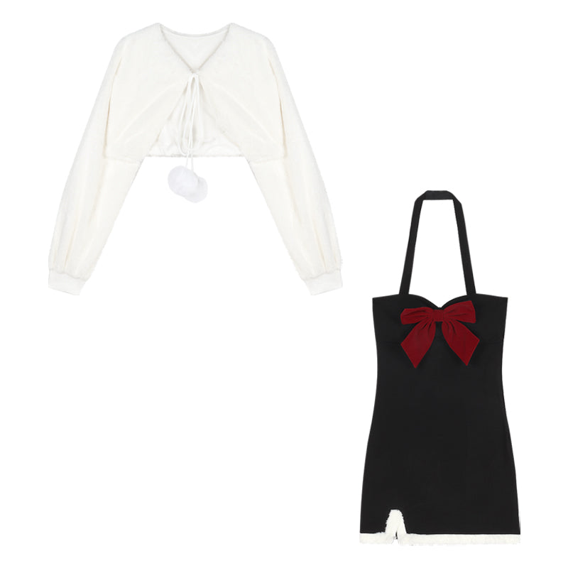 Young Eyes Sexy Black Bondycon Red Bow Black Dress & White Pompom Jacket Winter Two Piece Set