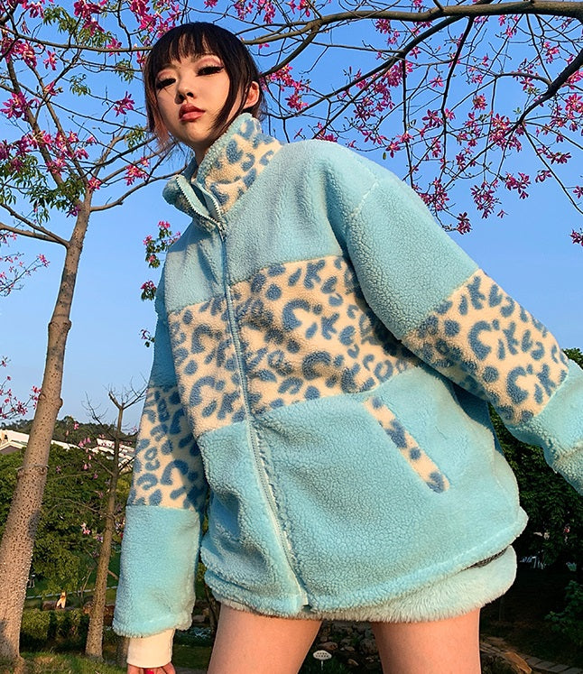 Retro Winter Plush Velvet Leopard Print Pink Blue White Jacket