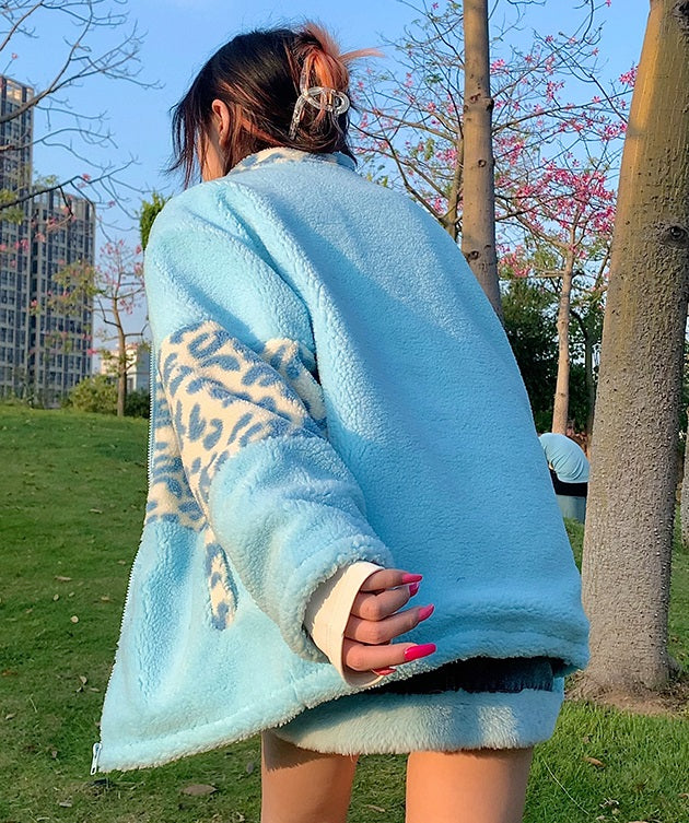 Retro Winter Plush Velvet Leopard Print Pink Blue White Jacket