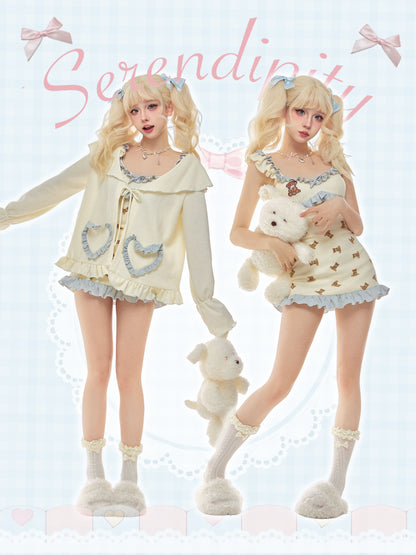 Serendipity Good Night Teddy Bear Cream Blue Strap Dress & Cardigan Pajamas Two Piece Set