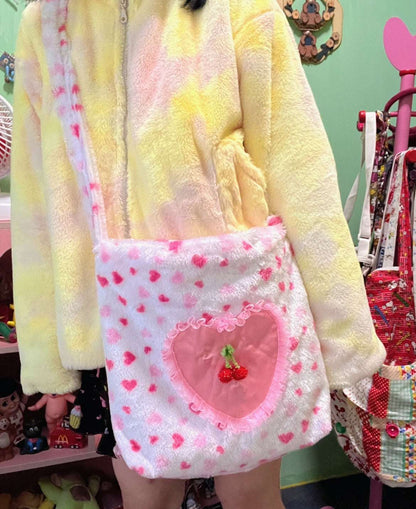 Cherry Pink Heart Love Harajuku Crossbody Plush Bag Tote