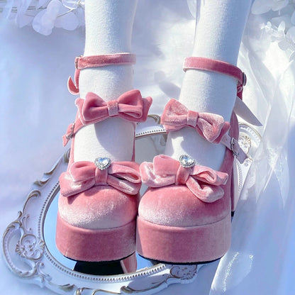 EGL Sweet Velvet Fairy Bow Mary Jane High Heels Shoes