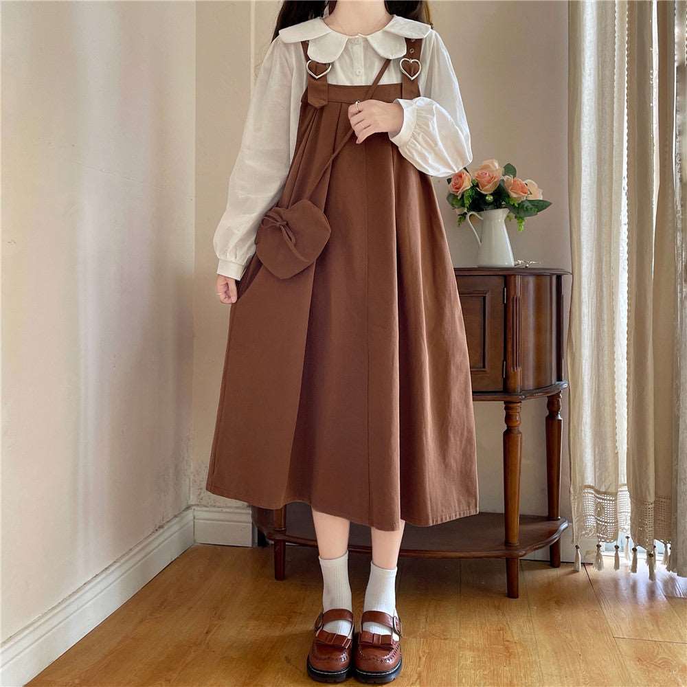 Autumn Mori Girl Heart Navy Blue Black Brown Green Dress Suspender Skirt & White Shirt Blouse Two Piece Set