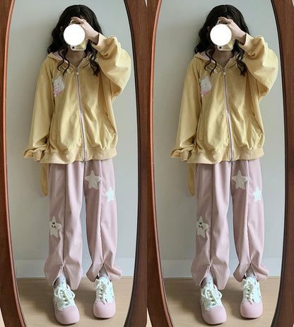 Three Stars Loose Casual Slit Corduroy Pants