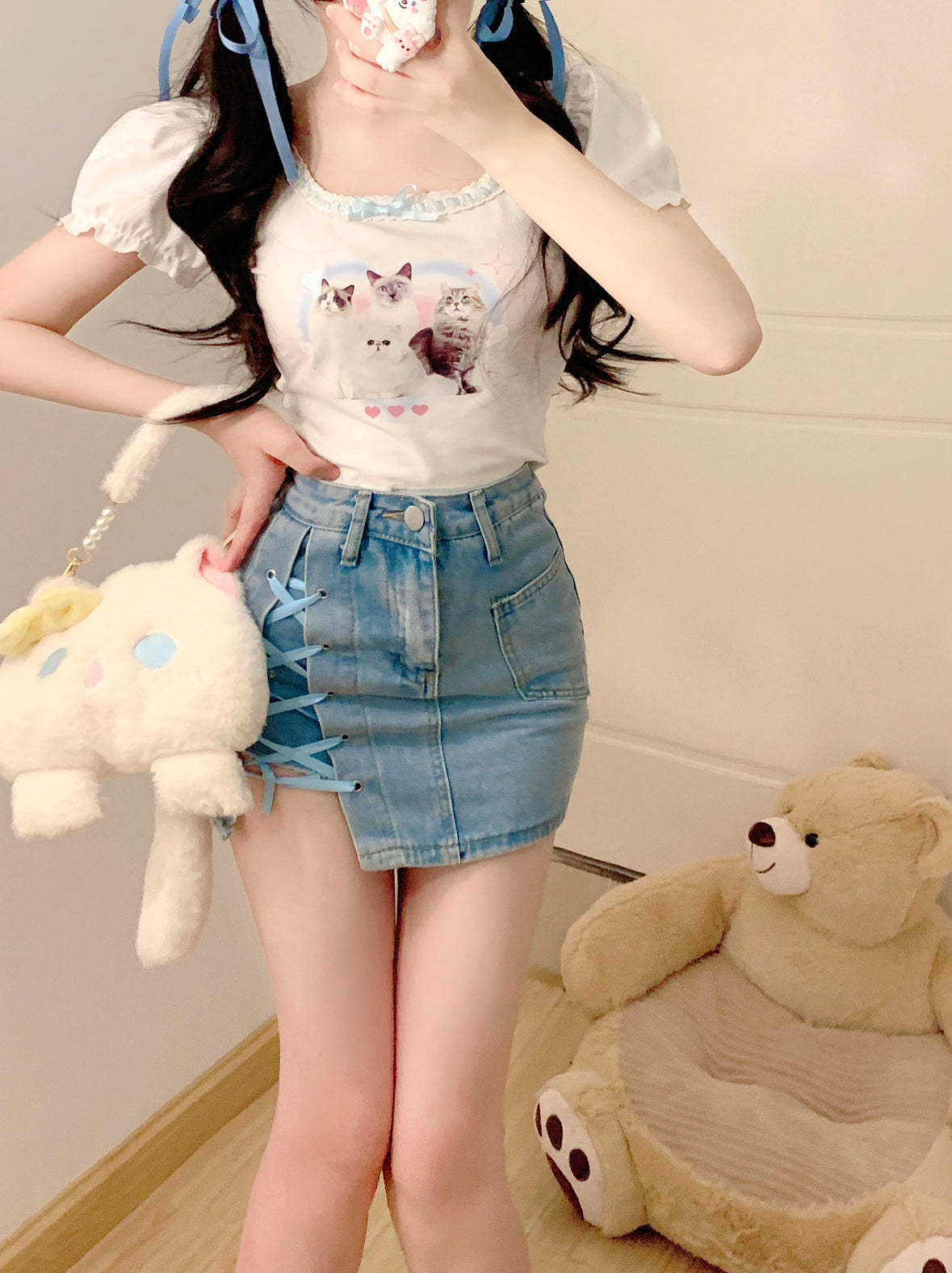 Serendipity Summer Cat Puff Sleeve Shirt & Blue Denim Mini Skirt Two Piece Set