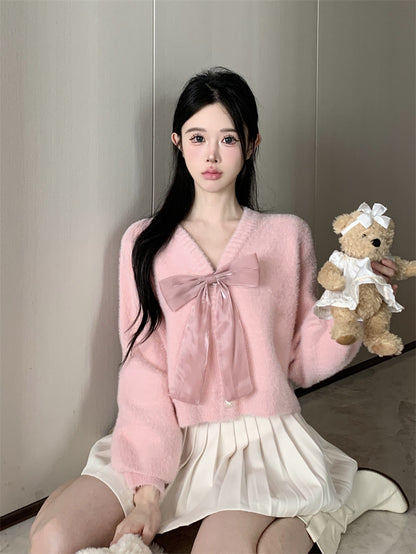Winter Sweet Soft Bow Ribbon Pink Sweater Cardigan
