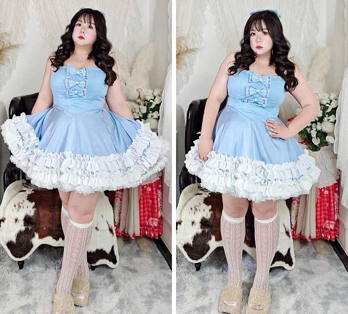 Plus Size Glacier Blue EGL Winter Ruffled Strap Dress & Tweed Jacket Two Piece Set