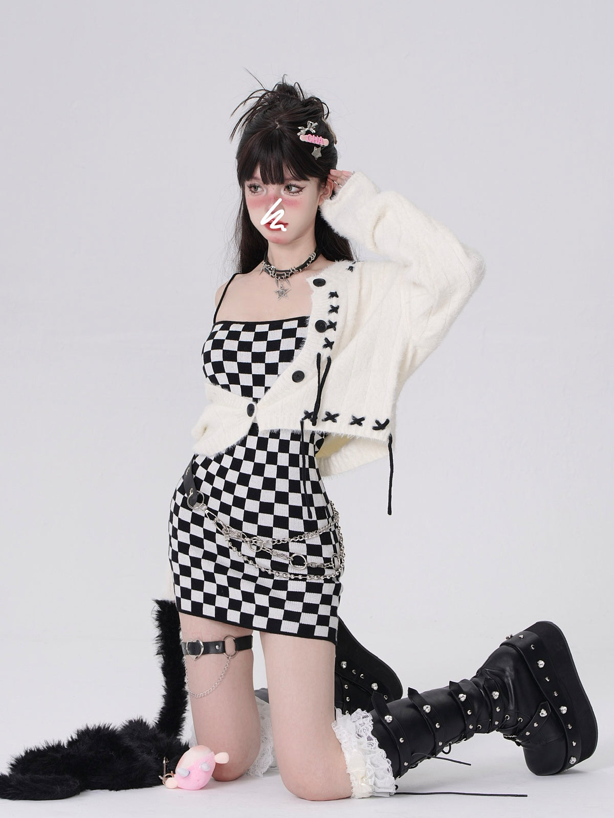 Young Eyes Hot Pink Black White Fall Checkerboard Bodycon Strap Dress & Plush Cardigan Jacket Two Piece Set