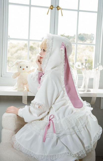 Universal Lolita Daydream Sweet Pink White Rabbit Ear Lolita Hooded Coat Dress