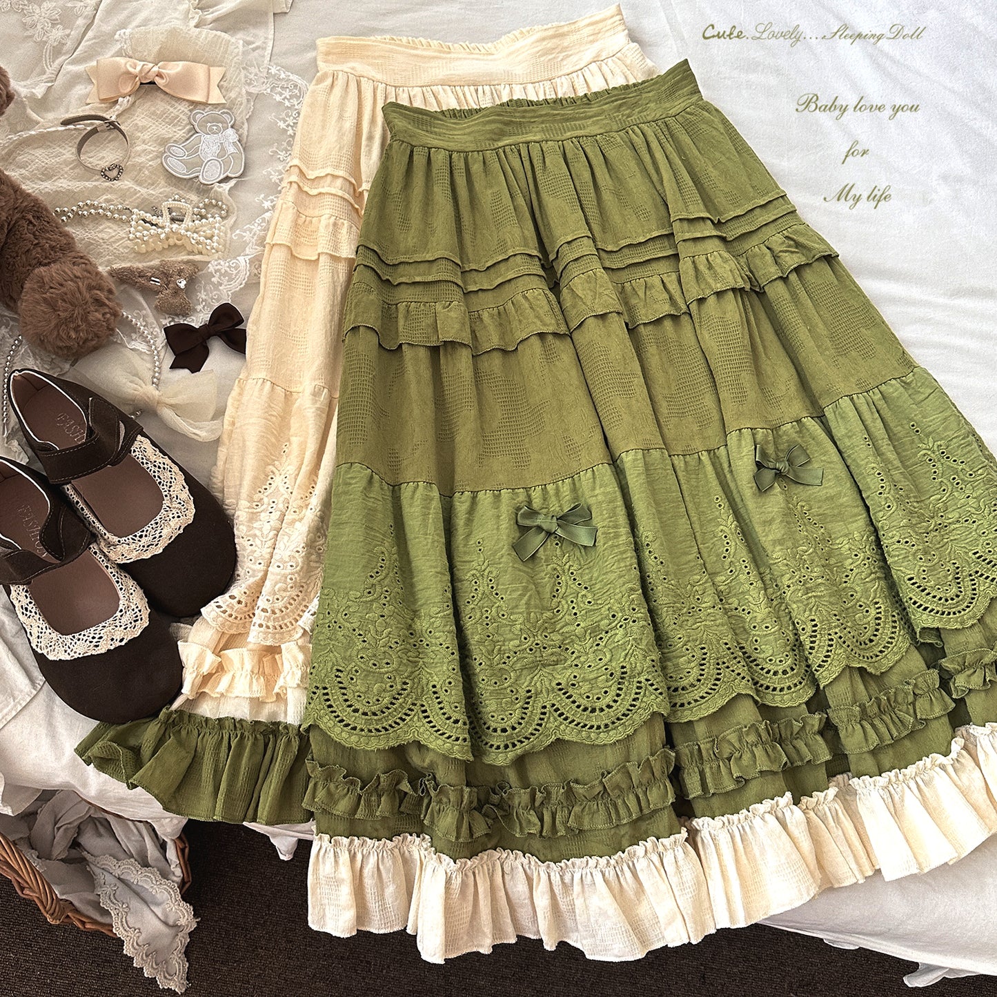 Dormir Doll Wild Spring White Cream Pink Green Long Skirt