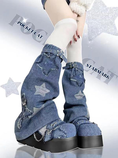 Pocket Cat Star Mark Black White Denim Blue Leg Warmers