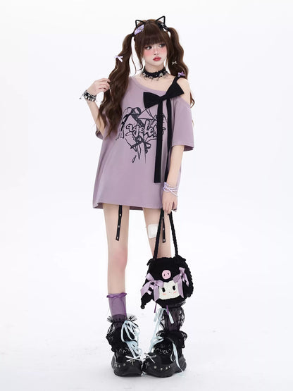 Crazy Girl Falling Rose Bow Purple Black Oversize T-Shirt