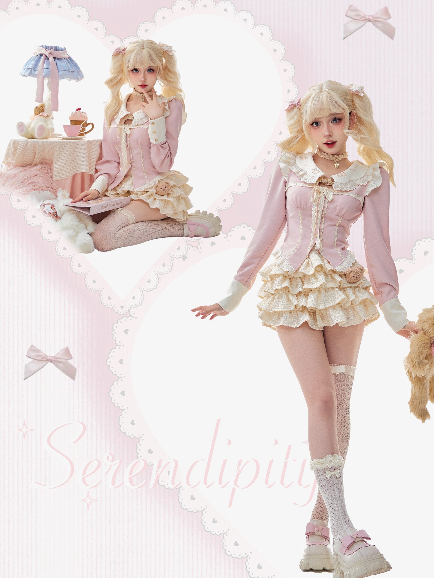 Serendipity Sweet Bear Pink Long Sleeve Shirt Suit Top & White Skirt Two Piece Set