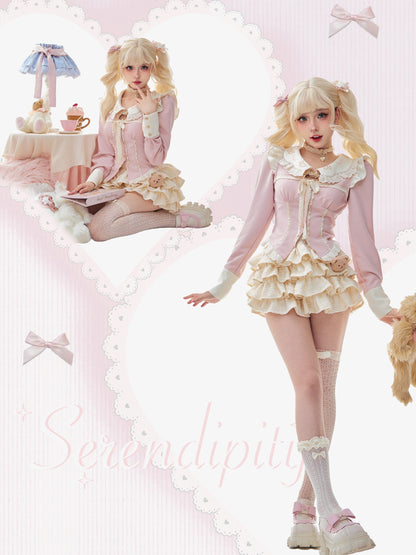 Serendipity Sweet Bear Pink Long Sleeve Shirt Suit Top & White Skirt Two Piece Set