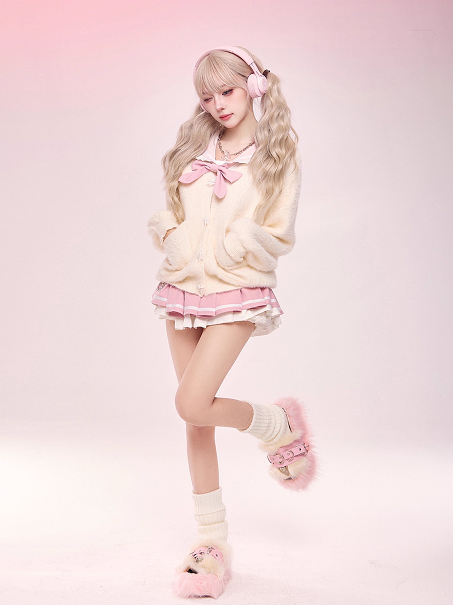 Serendipity Sweet Autumn Pink Bow Sailor Collar Seifuku Shirt & Pleated Skirt & White Cardigan Three Piece Set