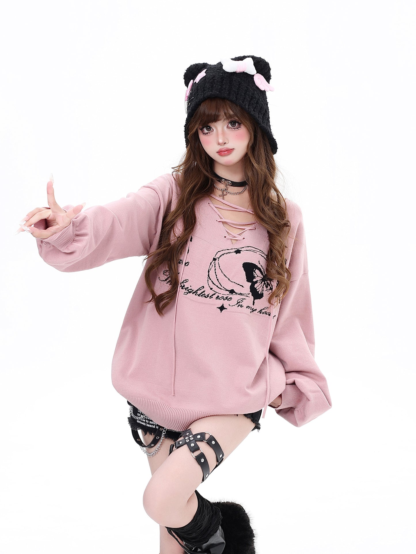 Crazy Girl Butterfly V-neck Black Pink Sweater