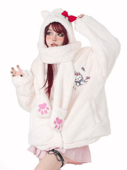 Young Eyes Kitty Cartoon Fall Winter Detachable Hat Plush Jacket