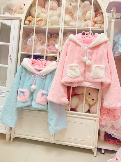 Candy Fairy Rabbit Ears Pastel Pink Blue Pompom Winter Hooded Jacket