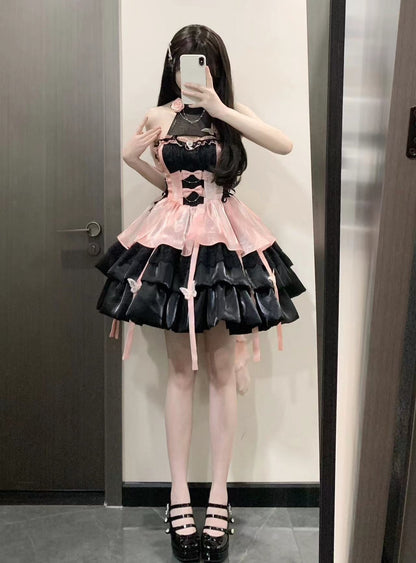 Platycodon Love Goddess Bow Butterfly Blue Pink Green Black Halter Neck Lolita Dress