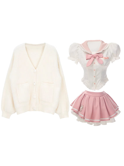 Serendipity Sweet Autumn Pink Bow Sailor Collar Seifuku Shirt & Pleated Skirt & White Cardigan Three Piece Set