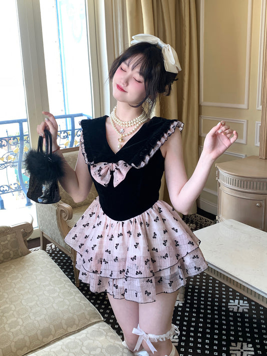Picnic Girl Pink Black Bow Cute Sailor Collar Ruffled Sleeveless Dress