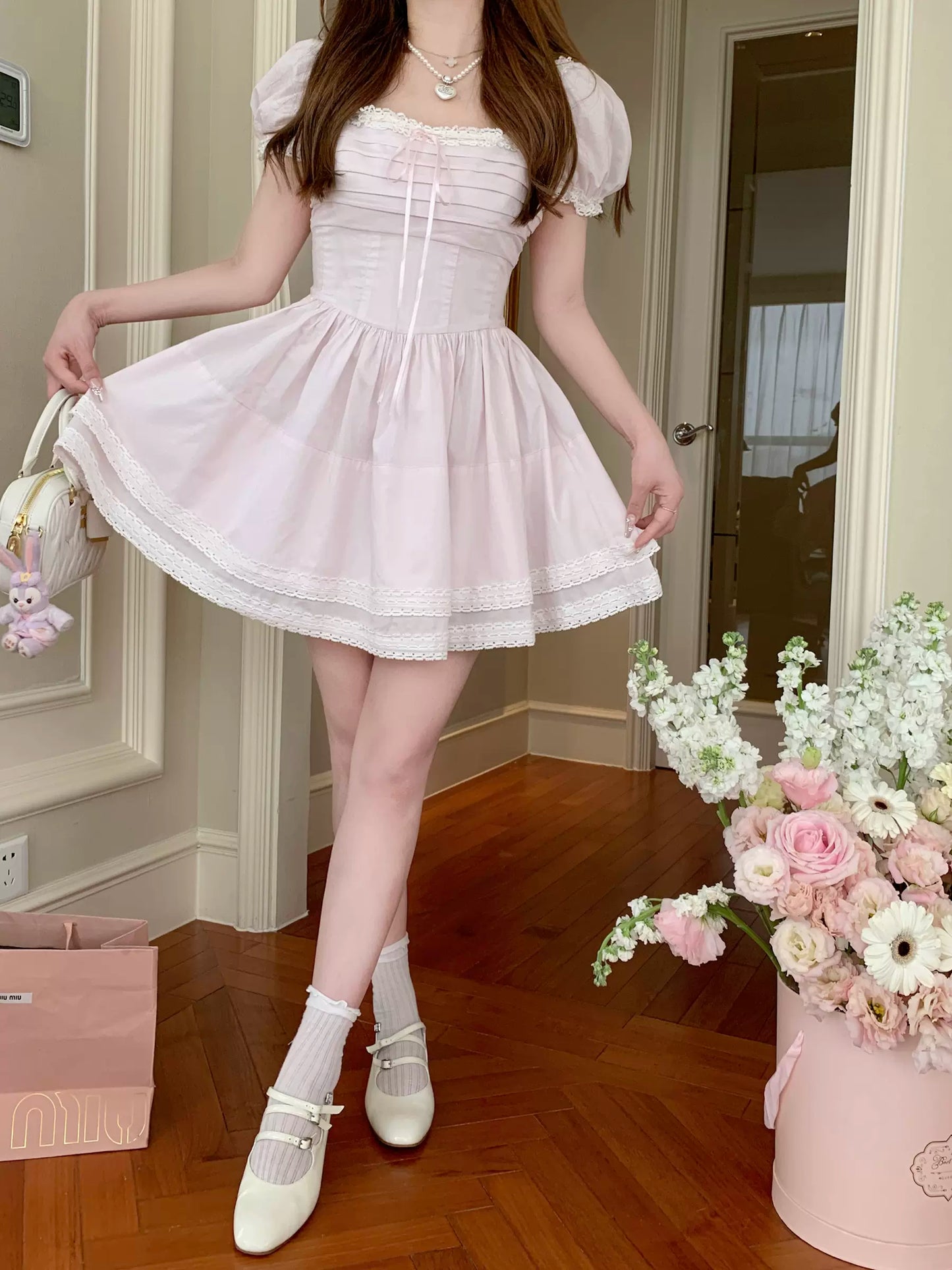 Creamy Sweet Selly Pink Puff Sleeve Dress