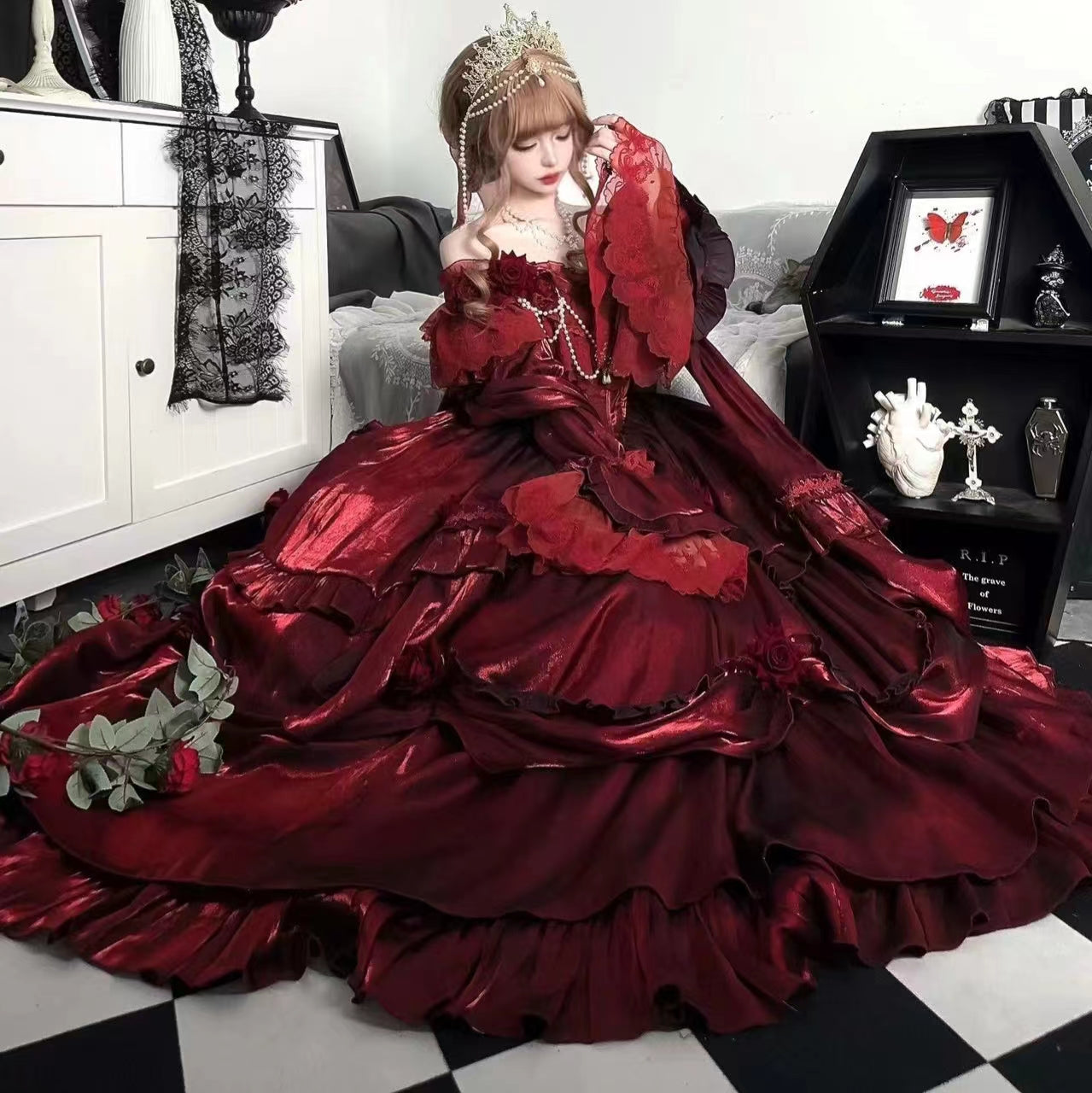 Meow Fruit Tana Estate Princess Ruffled Rose Layered Elegant Prom Dress