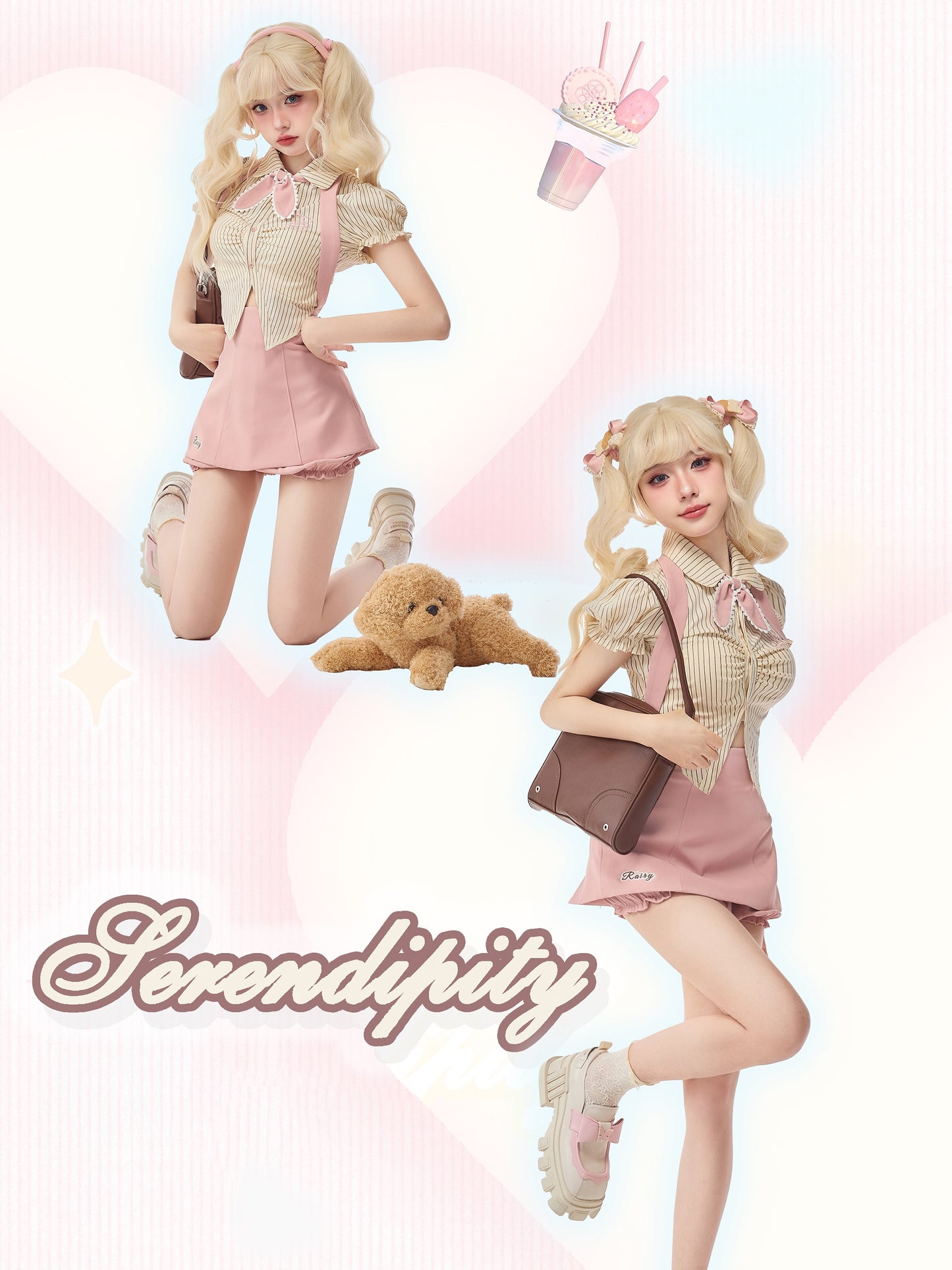 Serendipity Sweet Bow Beige Striped Puff Sleeve Shirt & Pink Suspender Skirt Two Piece Set