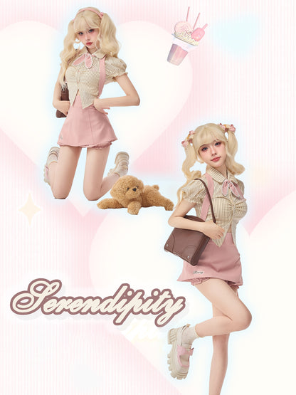 Serendipity Sweet Bow Beige Striped Puff Sleeve Shirt & Pink Suspender Skirt Two Piece Set