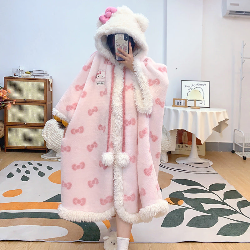 Kawaii Kitty Bow White Pink Winter Pajamas Hooded Bathrobe & Pants Two Piece