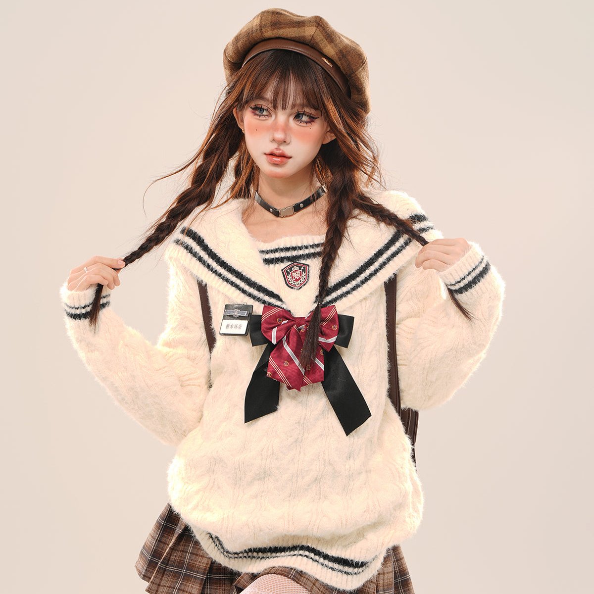 Young Eyes East Meets West Sailor Collar Cream Navy Blue Sweater