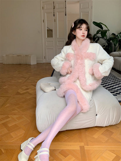 Winter Elegant Lady Pink Fur Edges Cuffs White Jacket & Skirt Two Piece Set