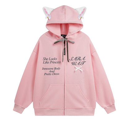 Serendipity Cute Pink Black Gray Coquette Princess Cat Ears Oversize Hoodie Jacket