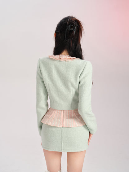 Lucia Classic Coquette Elegant Chic Ruffled Pink Camisole Green Short Jacket Skirt Three Piece Set