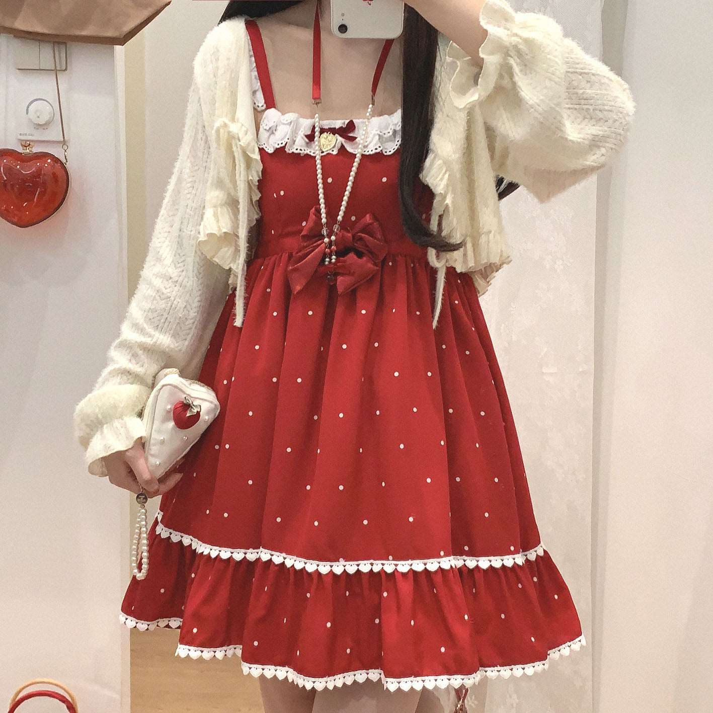 Dormir Doll Christmas Love Polka Dot White & Red Chiffon Strap Dress