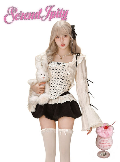 Serendipity Doll Series Cream Bow Corset & Cardigan & Black Velvet Bloomers Three Piece Set