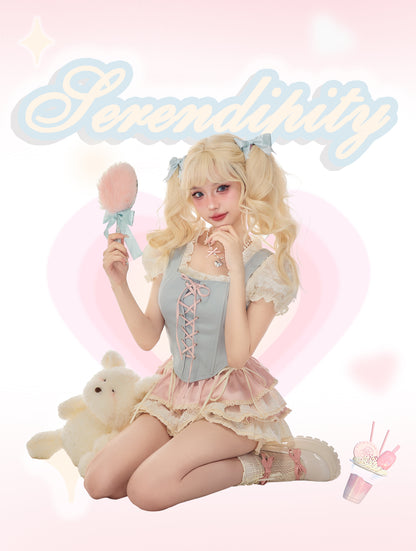 Serendipity Coquette Balletcore Ribbon White Lace Puff Sleeve Shirt & Blue Vest & Pink Mini Short Skirt Three Piece Set