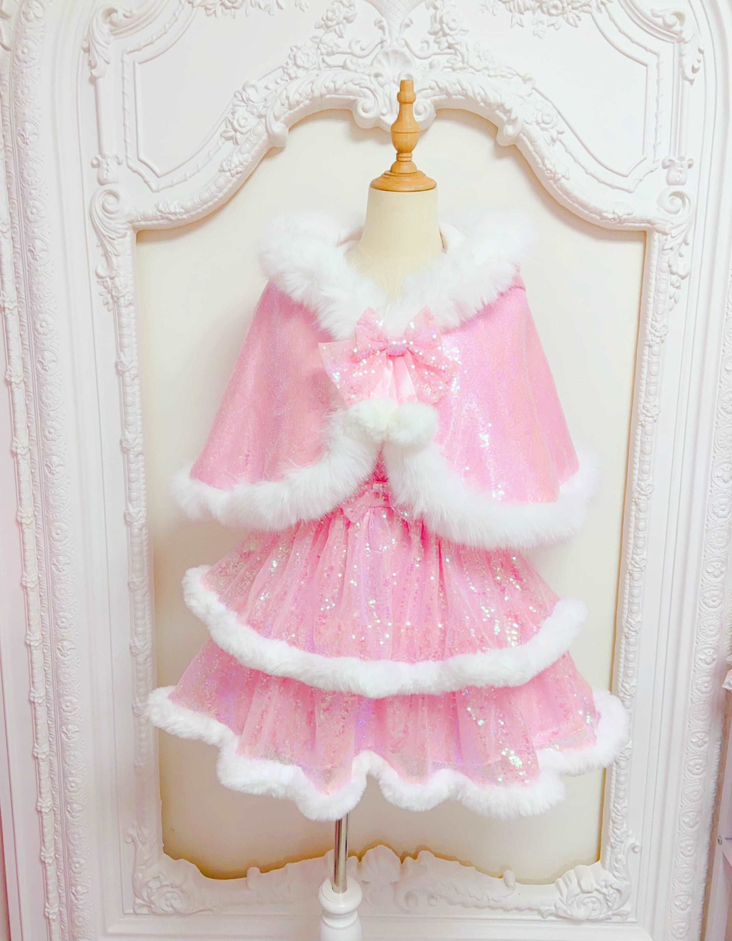 Candy Fairy Winter Princess Pink & White Ruffled Strap Dress & Hooded Cape Cloak Two Piece Set