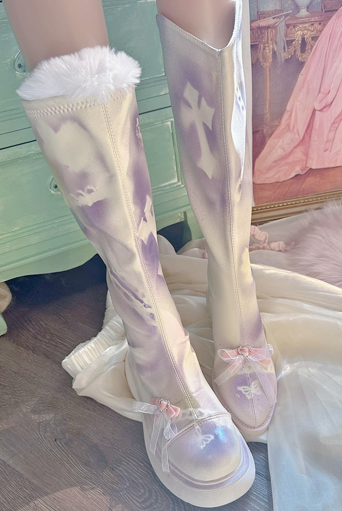 Pinky Sweet Pink Bow Lace Graffiti White Purple Knight High Boots Shoes