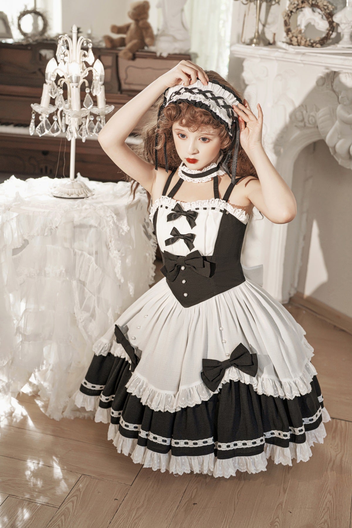 Gothic Dark Maid Cosplay EGL Black White Elegant Bow Dress & Jacket Two Piece Set