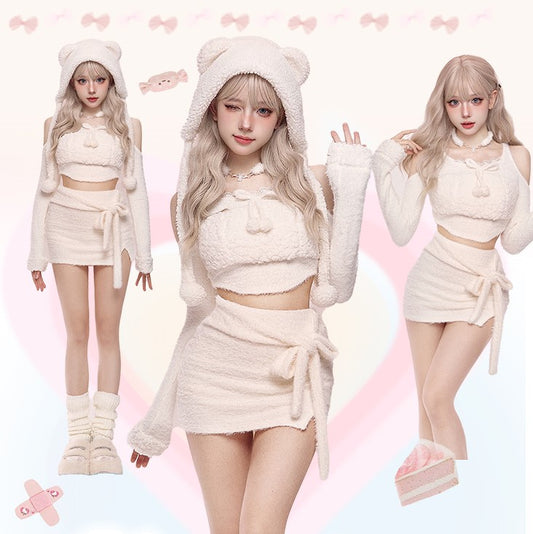 Serendipity Autumn White Polar Bear Plush Sweater Top & Mini Skirt & Hat Three Piece Set