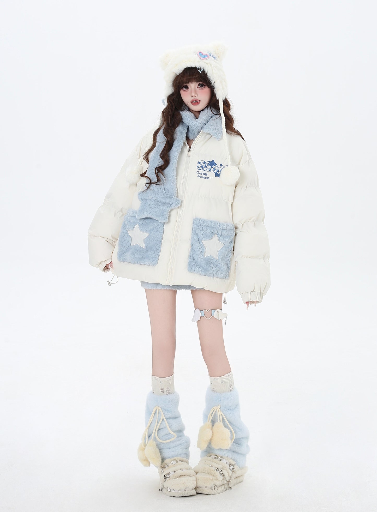 Crazy Girl Shiny Star Pink Blue Puffer Jacket & Scarf Set