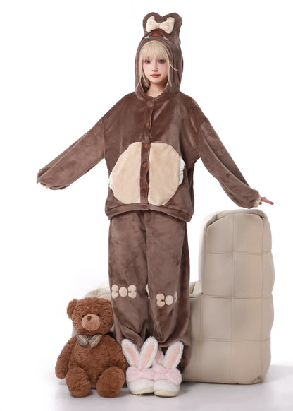 Maiden Park Rabbit Ears White Brown Coral Fleece Winter Pajamas Hooded Tops & Pants Two Piece