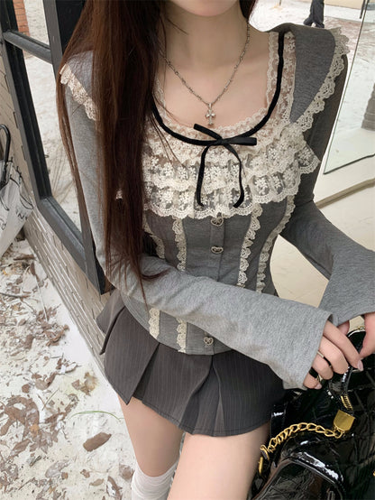 Young Eyes Coquette Square Collar Lace Black Gray White Shirt Top