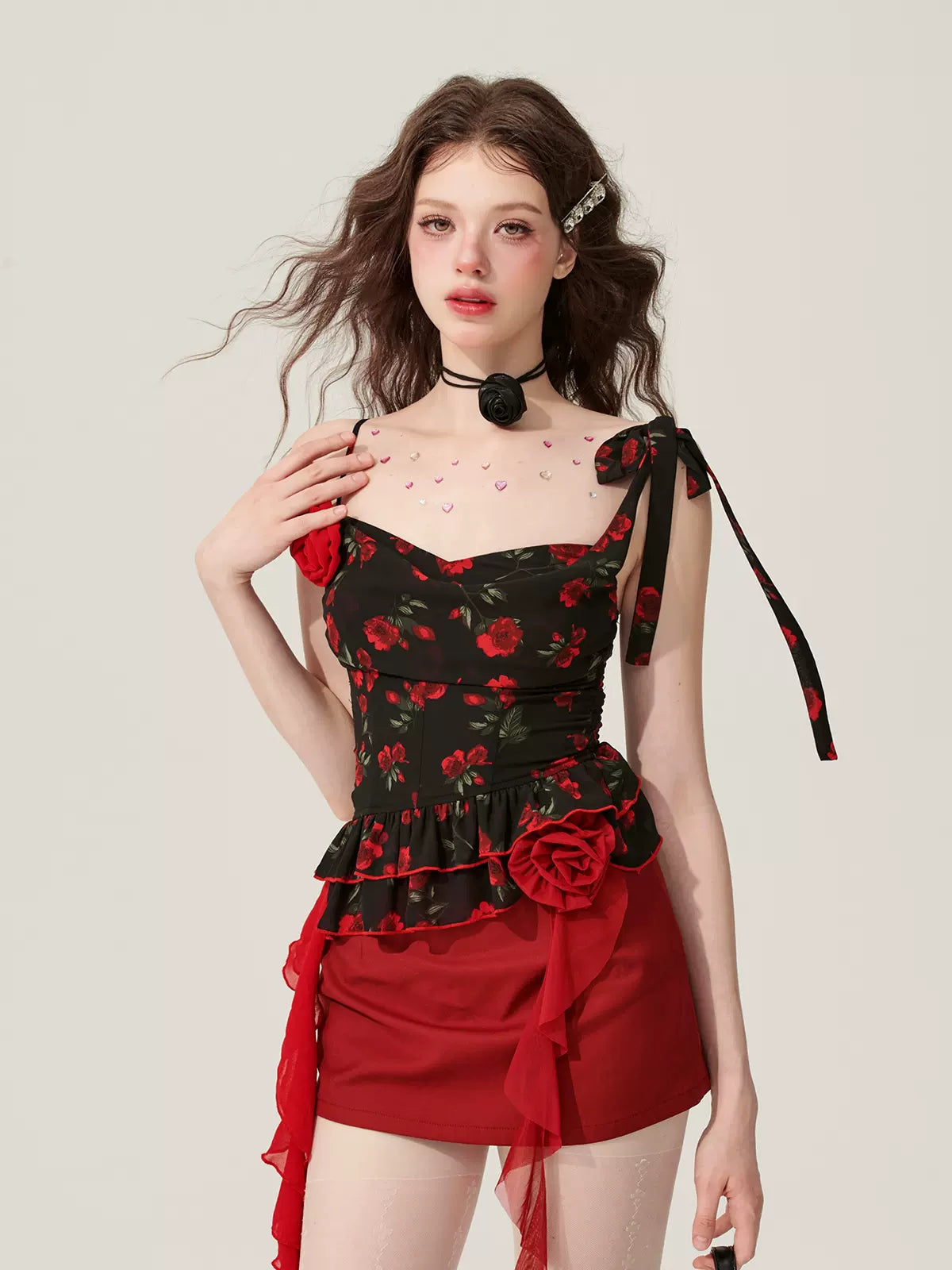 Young Eyes Blazing Rose Black Cami Top & Red Skirt Two Piece Set